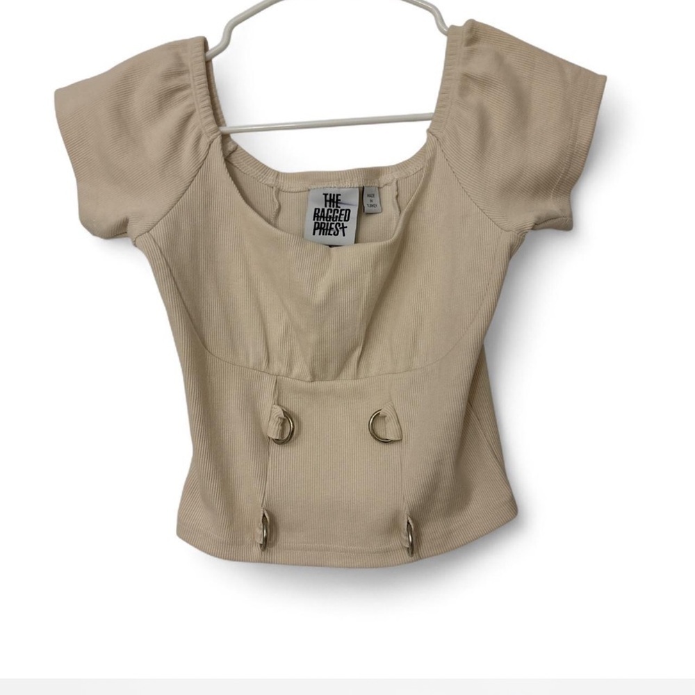 The Ragged Priest Crop Top Ribbed Knit Beige Cream Y2K Grunge Punk D-Ring Sz S